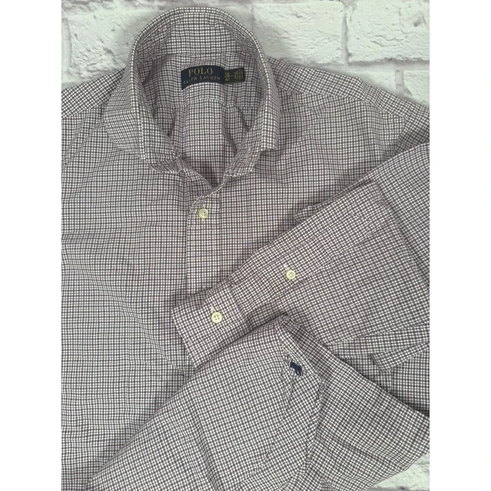 Polo Ralph Lauren Shirt Mens 16-41‎ Purple Check Long Sleeve Button Up Cotton